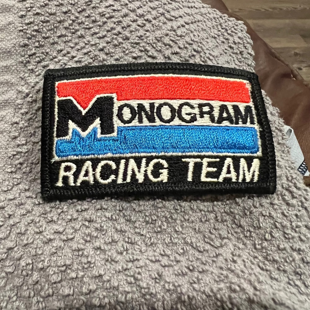 Vintage Monogram Racing Team Patch Embroidered Sew On Red White Blue Logo